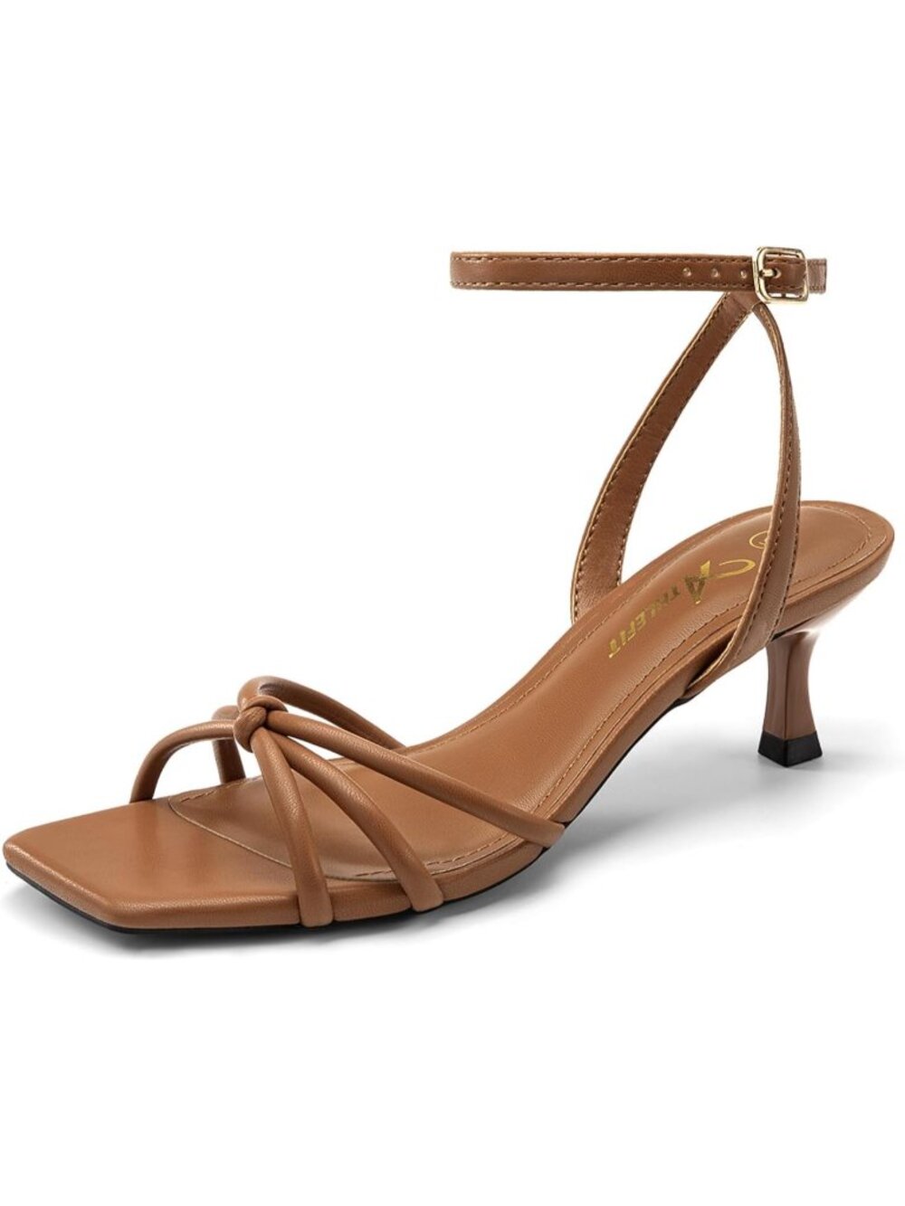 Women's Brown Kitten Heels Square Toe Strappy Heeled Sandals PU Leather Heels